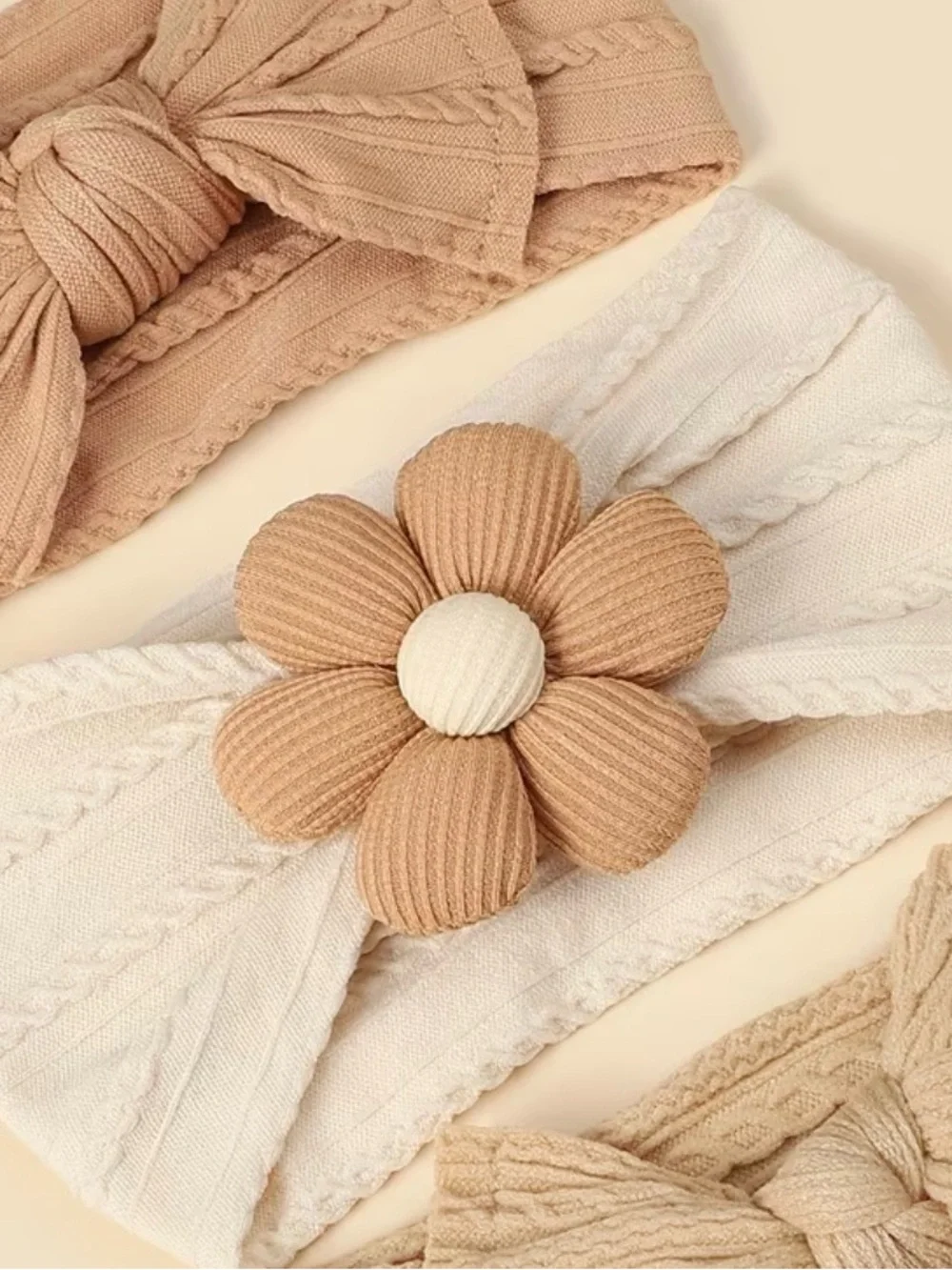 Neutral Ribbed Knit Headband Set with Flower Accent - Kids Accessories